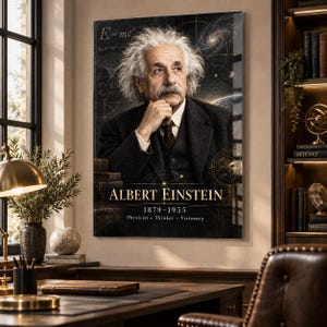 May include: A rectangular wall art print featuring a portrait of Albert Einstein in a dark suit, with the text E=mc2, his name, dates 1879-1955, and the words Physicist, Thinker, Visionary. The background displays scientific diagrams and celestial imagery.