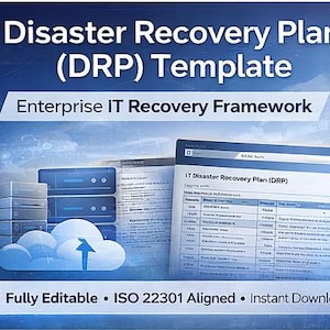May include: A digital graphic promoting a Disaster Recovery Plan (DRP) Template. The image features a computer screen displaying a DRP, server stacks, and a cloud icon with an upward arrow. Text includes "Fully Editable," and "ISO 22301 Aligned."