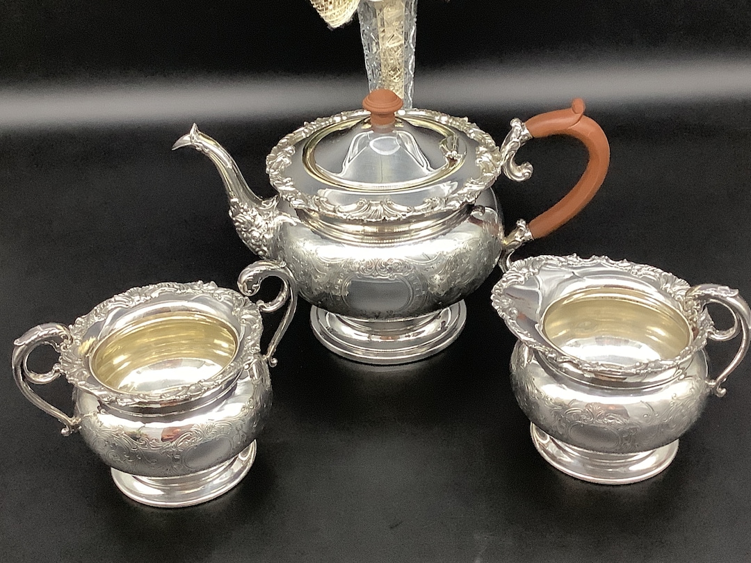 Old English Reproduction Style Silver Plated Teapot Cream and