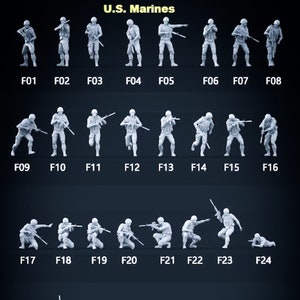 May include: A set of 40 white plastic figurines depicting U.S. Marines in various poses, holding rifles and other weapons. The figurines are numbered F01 through F40.