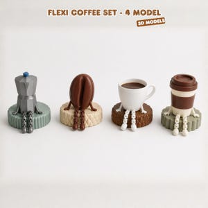 May include: A set of four coffee-themed 3D models. The models include a silver coffee maker, a brown coffee bean, a white coffee cup with coffee, and a brown and white to-go coffee cup. Each model has legs and is sitting on a round base.