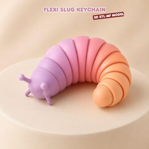 May include: A flexible slug keychain with a gradient color scheme transitioning from purple to orange. The slug has a segmented body and two antennae. Text above reads FLEXI SLUG KEYCHAIN and 3D STL-MF MODEL. The object has a smooth matte finish.