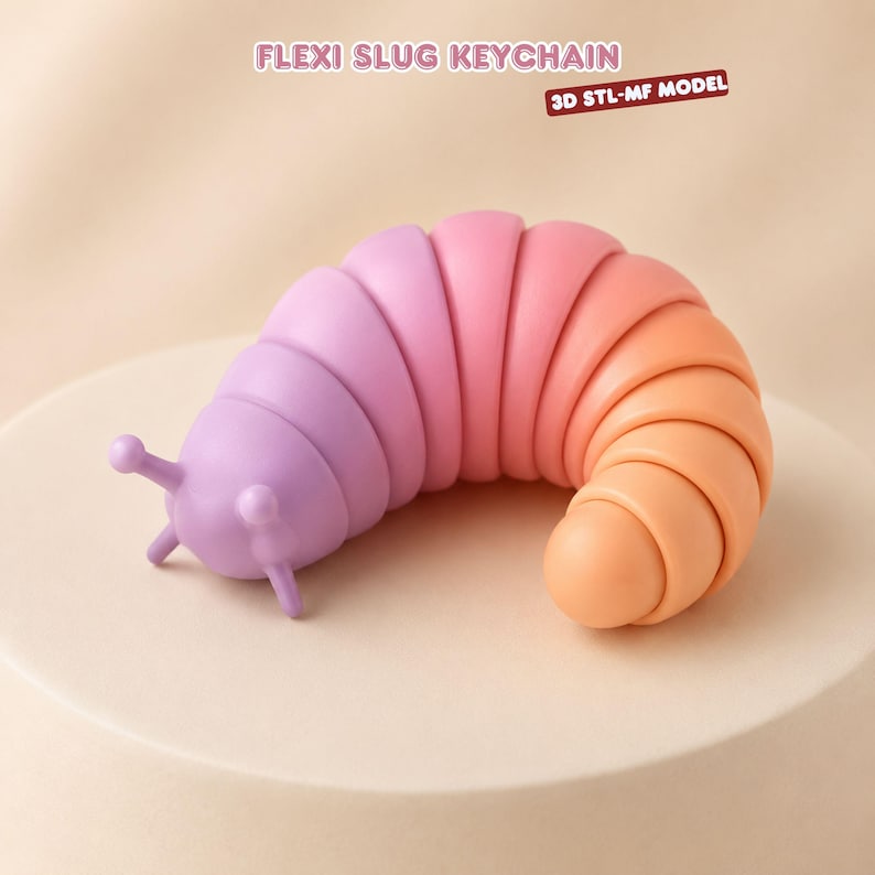May include: A flexible slug keychain with a gradient color scheme transitioning from purple to orange. The slug has a segmented body and two antennae. Text above reads FLEXI SLUG KEYCHAIN and 3D STL-MF MODEL. The object has a smooth matte finish.