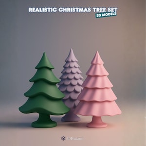 Op de afbeelding: Drie gestileerde kerstbomen in groen, lavendel en roze. De bomen hebben een gelaagd ontwerp en staan op een stevige basis. De tekst "REALISTIC CHRISTMAS TREE SET 3D MODELS" staat bovenaan.