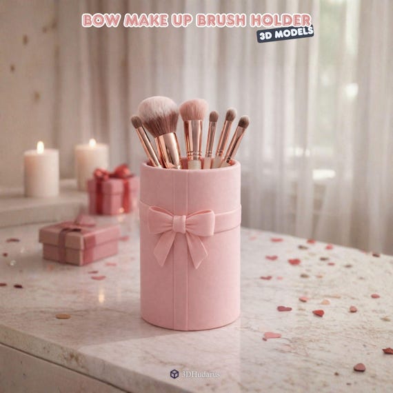Bow Make Up Brush Holder STL File - Minimal Gift Vase - Elegant Ribbon Decor - Vanity Makeup Storage 3D Printable File