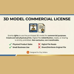 May include: A graphic with the text "3D MODEL COMMERCIAL LICENSE" and a 3D printer icon. It details rights for commercial use, physical product sales, and small business use. Digital file resale and sharing are prohibited. Designed for Etsy sellers.