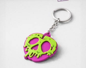 May include: A keychain with a melting skull design in an apple shape. The apple is two-toned, with a bright pink base and a green skull design. The keychain includes a silver-coloured ring and chain. Text at the top reads "MELTING SKULL APPLE KEYCHAIN 3D MODEL."