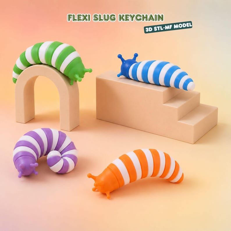 May include: Four articulated slug-shaped keychains in green, blue, purple, and orange, each featuring white stripes and two antennae. The text FLEXI SLUG KEYCHAIN and 3D STL-MF MODEL is visible at the top of the image above the colorful slug figures.