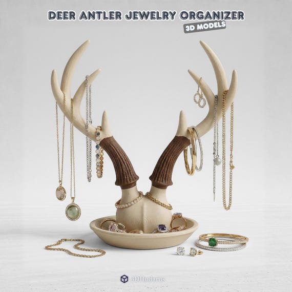 Deer Antler Jewelry Organizer 3D STL File - Rustic Ring & Necklace Display