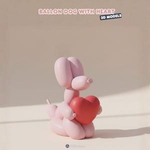 May include: A light pink balloon dog sculpture holding a red heart. The sculpture is 3D and has the text "BALLON DOG WITH HEART" and "3D MODELS" in the image.