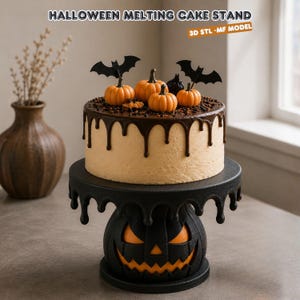 May include: A black cake stand with a melting drip design and a carved jack-o'-lantern base. The stand supports a round cake with light tan frosting, dark chocolate ganache drips, orange pumpkin decorations, and black bat silhouettes on top.