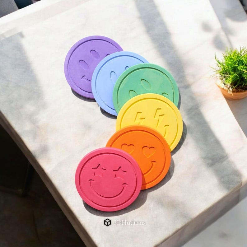 Emoji Coaster Set 3D STL Files, 6 pcs. Emoji Model, Coaster Print 3D Models image 1
