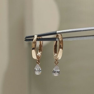 Lab Grown Diamond Huggie Earrings | 14K Gold Pear Diamond Drop Hoops | Elegant Dangle Earrings | Pair Jewelry | Ethical Diamond Gift for Her