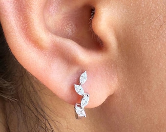 Lab Grown Diamond Marquise Huggie Earrings: 14K Gold Leaf Hoops