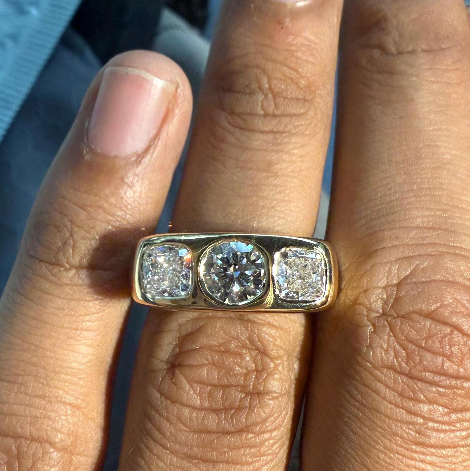 14K Gold Lab Grown Diamond Three Stone Ring | Modern Wide Band - Etsy