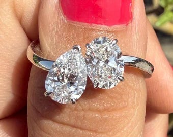 Lab Grown Diamond Toi et Moi Ring | 14K Solid Gold Ring | 1Ct Pear & 1Ct Oval IGI Certified Diamond | Two Stone Engagement Ring