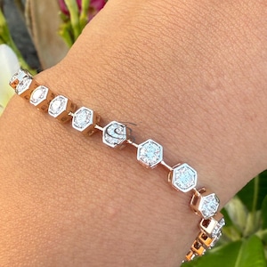 Lab Grown Diamond Tennis Bracelet 14K Solid Gold 4.3MM Round Cut SGL Certified Elegant Hexagon Shape Bezel Gift for Her Wedding Anniversary