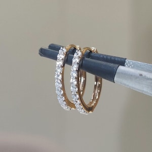 Lab Grown Diamond Huggie Earrings | 14K Gold 14MM Diamond Hoop Earrings | Elegant Dangle Hoops | Pair Earrings | Sustainable Jewelry Gift