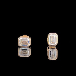 3.00ctw Emerald Cut Lab Grown Diamond Studs | 14K Gold IGI Certified Minimalist Wedding Jewelry for Women | Earrings Pair | Bezel Set