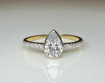 Pear Cut Lab Grown Diamond Engagement Ring: 14K Solid Gold Bezel Set Solitaire Ring