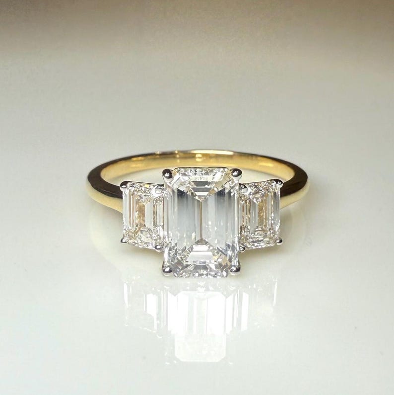 Emerald Cut Lab Grown Diamond Three Stone Ring: 14K Gold Engagement ...
