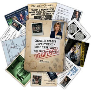 May include: A collection of crime scene investigation documents, including a case file labelled "Chicago Police Department - Cold Case Unit." The documents feature photos, newspaper clippings, and forensic analysis reports, creating a suspenseful theme.