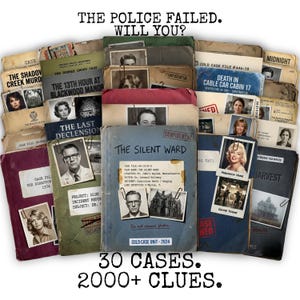 Könnte beinhalten: Eine Sammlung von Cold Case-Akten im Vintage-Stil mit Bildern von Personen und Tatorten. Der Text lautet "The Police Failed. Will You?" und "30 Cases. 2000+ Clues."
