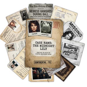 Può includere: Una raccolta di documenti di indagine criminale in stile vintage che include una cartella beige etichettata Case Name: The Midnight Lily, Case No: 78-0214-LR, Status: Reopened (2024), Confidential - FBI, insieme a ritagli di giornale, profili di sospettati e volantini di persone scomparse.