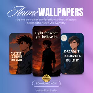 Anime Phone Wallpapers Bundle, 4K Aesthetic Lock Screen Backgrounds, Motivational Quotes, Instant Download, Anime Boy Art