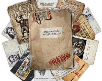 Puede incluir: Una colección de documentos y efímeros de estilo vintage relacionados con una investigación de circo ficticia. La carpeta central está etiquetada como Case #92-108: Zampano Homicide y Cold Case, rodeada de entradas de circo, fotos e informes forenses.