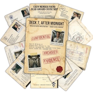 May include: A collection of aged documents and photographs related to a cruise ship death investigation. The central document reads "Deck 7, After Midnight" with "Confidential" and "Archived Evidence" stamps. Includes photos and diagrams.