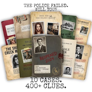 Peut inclure: Dix dossiers de style vintage avec photos et texte, dont "The Police Failed. Will You ?" et "Reopened 2024." Les dossiers présentent des titres tels que "The Velvet Vanity" et "Cold Case", avec le texte "10 Cases. 400+ Clues."