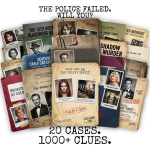 May include: A collection of vintage-style case files with photos and text, including "The Police Failed. Will You?" and "20 Cases. 1000+ Clues." The files are labeled with titles like "Cold Case" and "Shadow Murder."