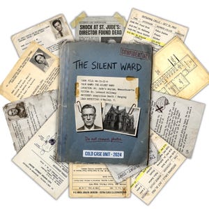以下が含まれることがあります： 「The Silent Ward」と題された青いフォルダーと、ヴィンテージ文書のコレクション。フォルダーには事件の詳細、写真、そして「Do not remove photos」というテキストが含まれています。周囲の文書には警察の報告書や病院の記録が含まれています。