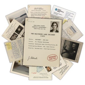 Puede incluir: Una colección de archivos y fotografías de estilo vintage, incluido un documento central titulado "The Halvorsen Lake Incident (1989)". Los documentos presentan texto, un retrato y las palabras "ARCHIVED CASE FILE". Otros elementos incluyen un documento bancario y etiquetas de evidencia.