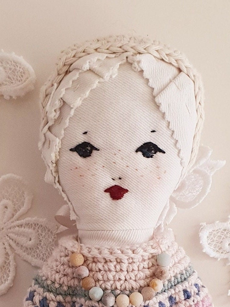 Lilia Flower Doll #2, Handmade Cloth Doll With Hand-crocheted Sweater and Cotton Muslin Skirt ...