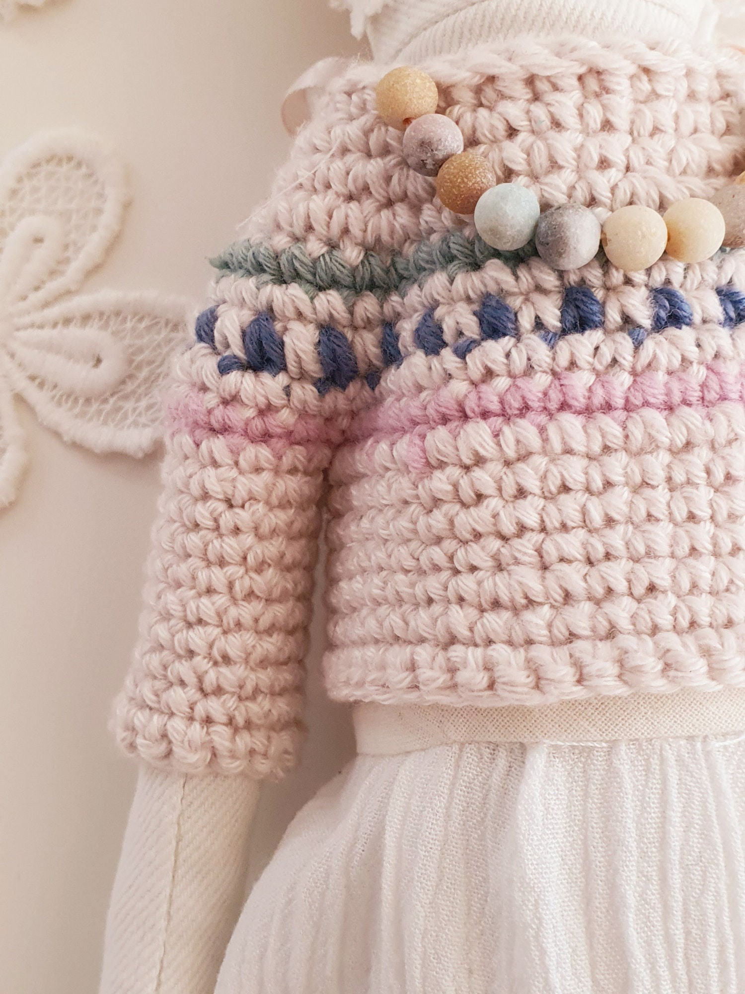 Lilia Flower Doll #2, Handmade Cloth Doll With Hand-crocheted Sweater and Cotton Muslin Skirt ...