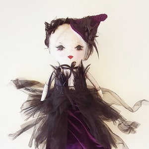 Halloween Witch Doll #3, Handmade Witch Cloth Doll with Merino wool hair and black fantasy costume. 40 cm. Halloween Collection