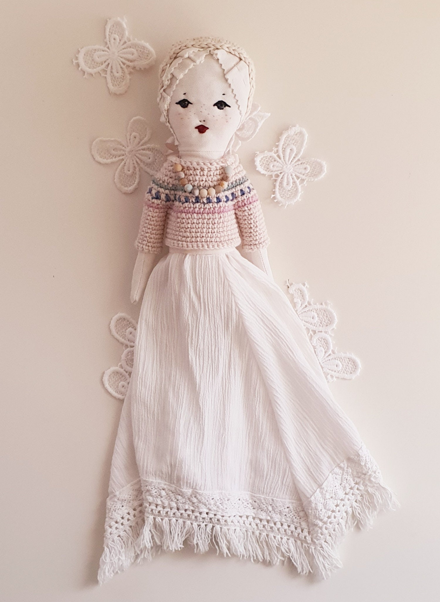 Lilia Flower Doll #2, Handmade Cloth Doll With Hand-crocheted Sweater and Cotton Muslin Skirt ...