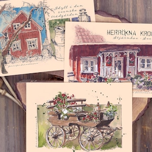 Conjunto de 3 gravuras artísticas Suécia, casa sueca, carruagem, desenho a nanquim e aquarela, DIN A6, mini impressão, com envelopes, edição limitada