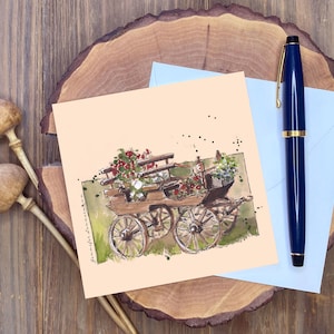 Kunstdruck Blumenkutsche, Tusche und Aquarell Postkarte, Grußkarte, Quadrat 120 x 120 mm, Miniprint, Artprint, mit Umschlag, limitiert