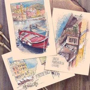 Set di 3 stampe d'arte Italia, Liguria, Portofino, Cinque Terre, disegno a inchiostro e acquerello, DIN A6, mini stampa, con buste, limitato