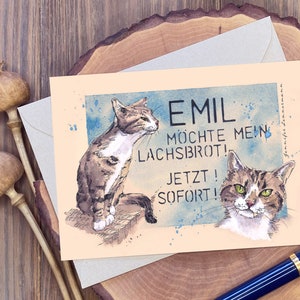 Kunstdruck Kater Emil, Tusche und Aquarell Zeichnung, Karte DIN A6, Miniprint, hochwertige Soft-Touch Oberfläche, mit Umschlag, limitiert