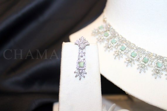 Exclusive plated American Diamond set in Mint Green, Necklace and Earrings set - ZIA collection