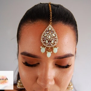 Indian Jewellery - Maang Tikka and Jhumka Earrings Set in Mint Green, &#39;AVA&#39; Collection