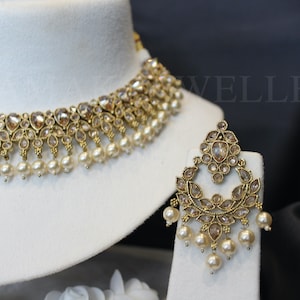 Champagne Bridal Jewelry Set: Indian Necklace, Tikka, Jhumka Earrings
