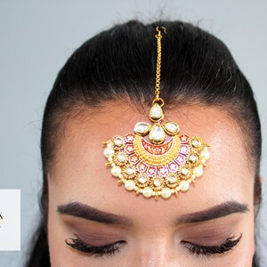 Bridal Real Traditional Kundan Maang Tikka, Bridal Forehead piece in Gold, Red and Green - &#39;SONIA&#39; Collection