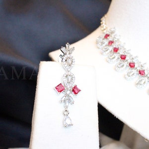 Exclusive American Diamond Silver Ruby Red Necklace and Earrings set - VIENNA collection