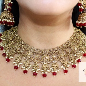 Royal Bridal Indian Jewellery in Maroon - Necklace, Maang Tikka and Jhumka Earrings Set, &#39;RANI&#39; Collection
