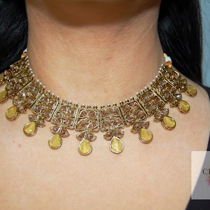 Royal Bridal Indian Jewellery - Yellow Necklace, Maang Tikka and Jhumka Earrings Set, &#39;NOOR&#39; Collection